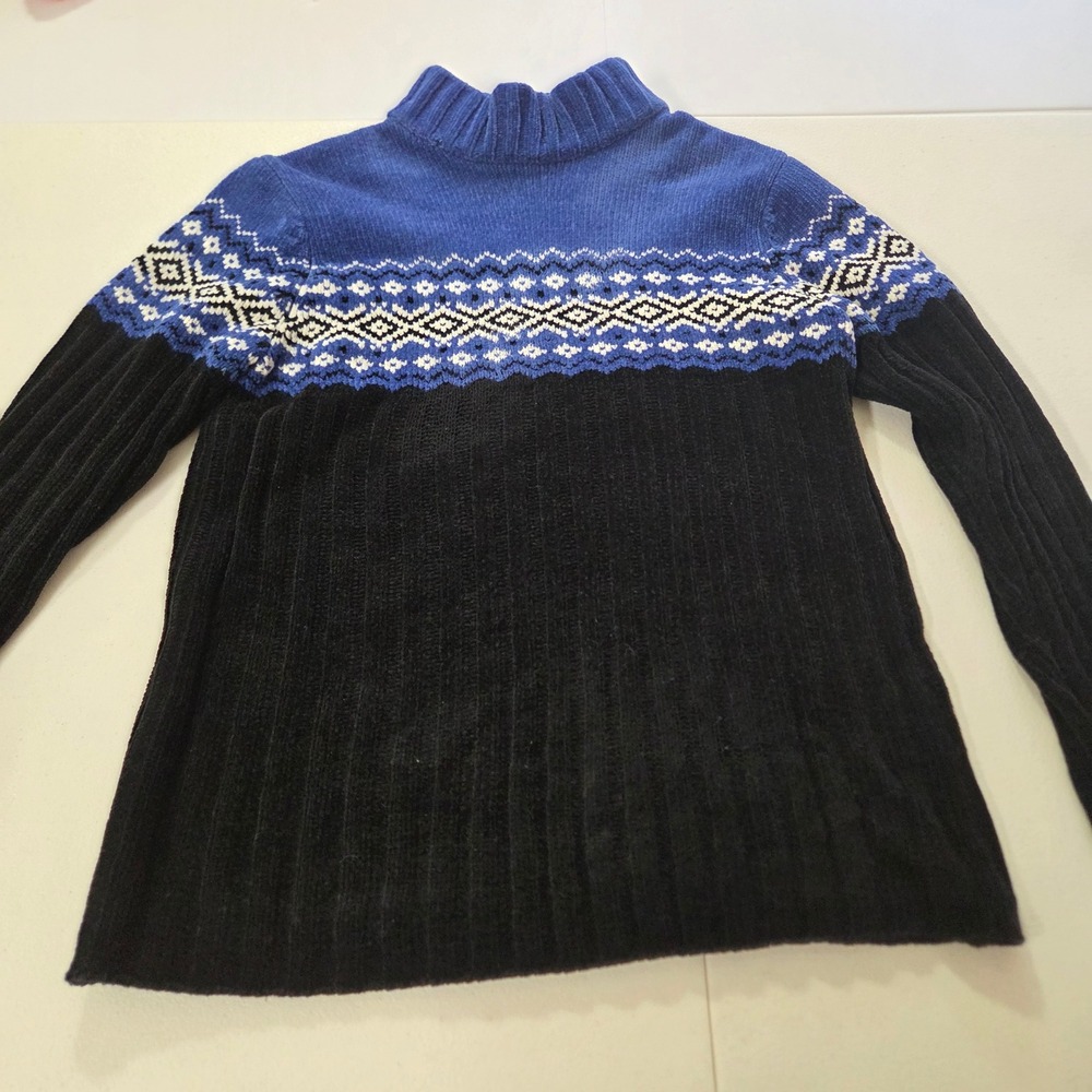 Chenille Mock Neck Fair Isle Sweater Black Blue Nordic Knit Pullover